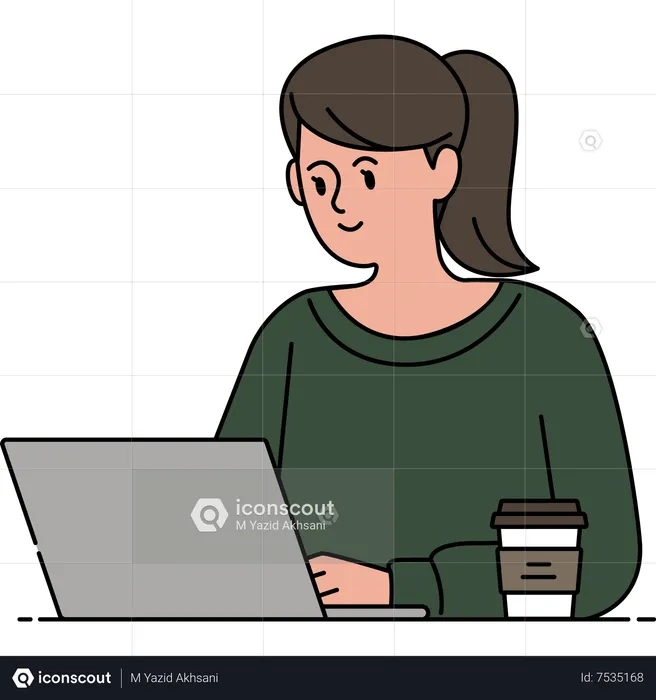 Mulher trabalhando no laptop na cafeteria  Ilustração