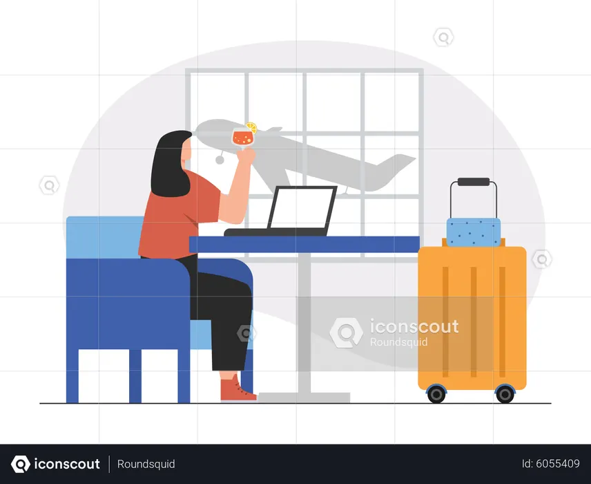 Mulher trabalhando no laptop no aeroporto  Ilustração