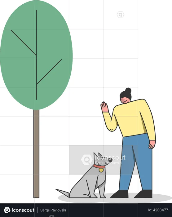 Mulher treinando o cachorro na cidade  Ilustração