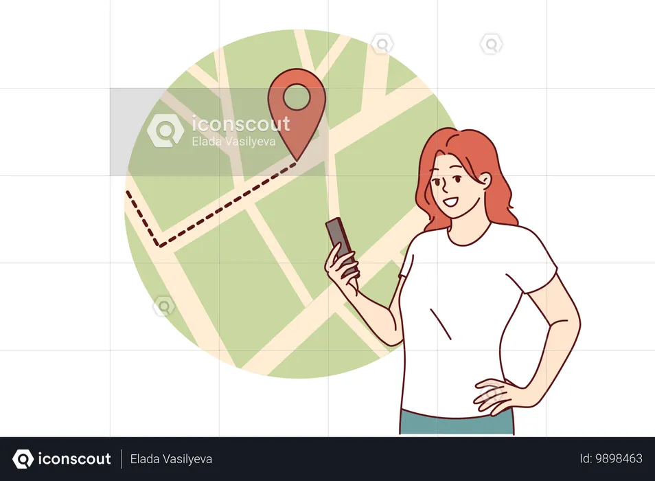 Mulher usa mapa eletrônico no celular para traçar rota ou rastrear entrega de correio  Ilustração