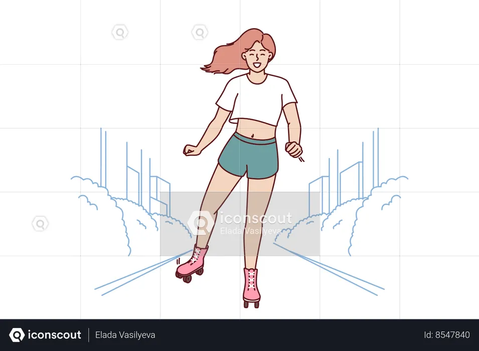 Mulher usa patins para andar pela cidade e respirar ar fresco em dia quente de verão  Ilustração