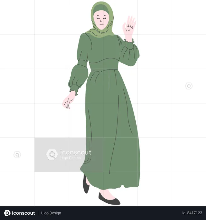 Mulher Vestindo Gamis Verdes E Pashmina Hijab  Ilustração