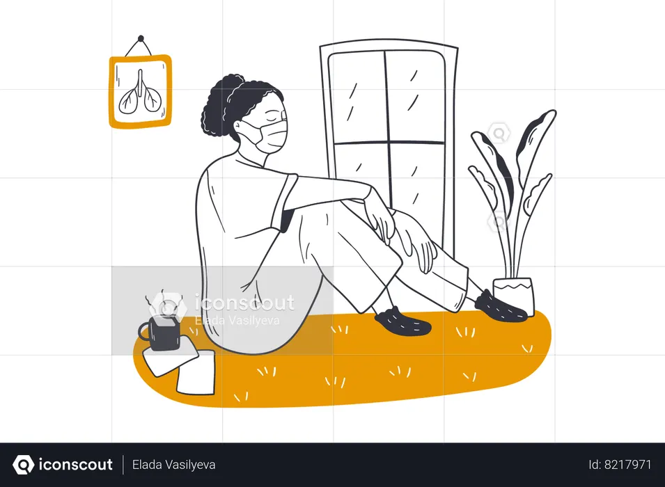 Mulher usando máscara sentada sozinha em casa  Ilustração