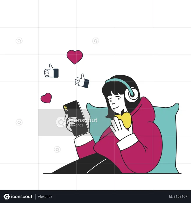 Mulher usando mídias sociais no celular  Ilustração