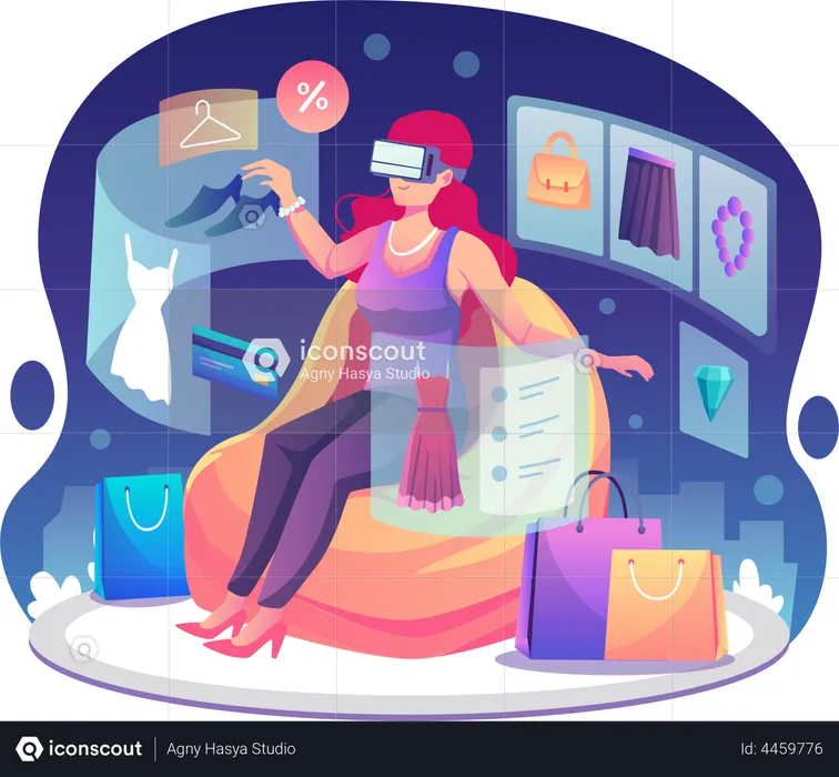 Mulher usando óculos VR está fazendo compras  Ilustração