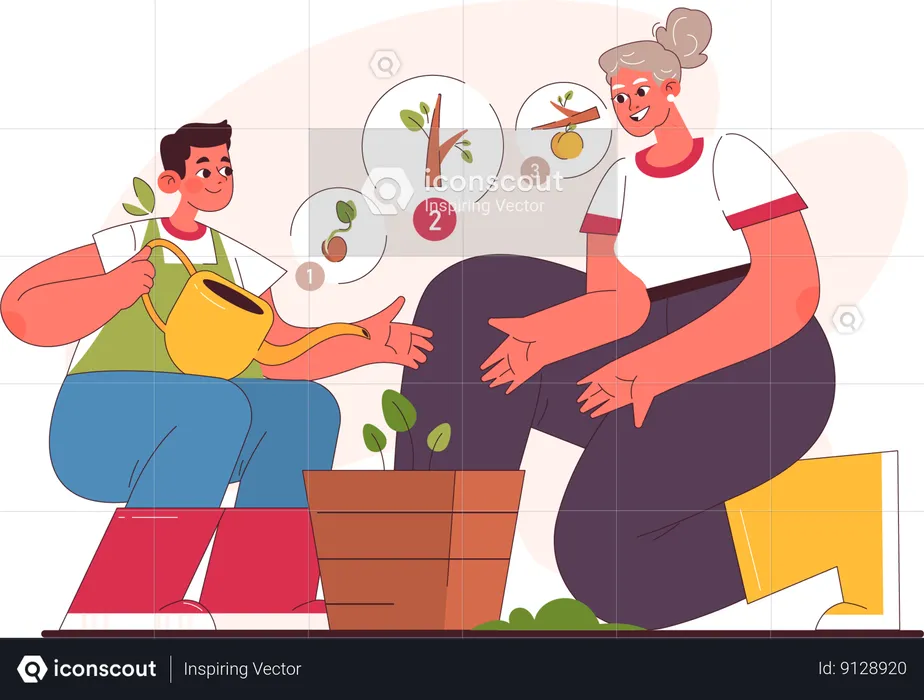 Mulher idosa e menino plantando planta em vaso  Ilustração