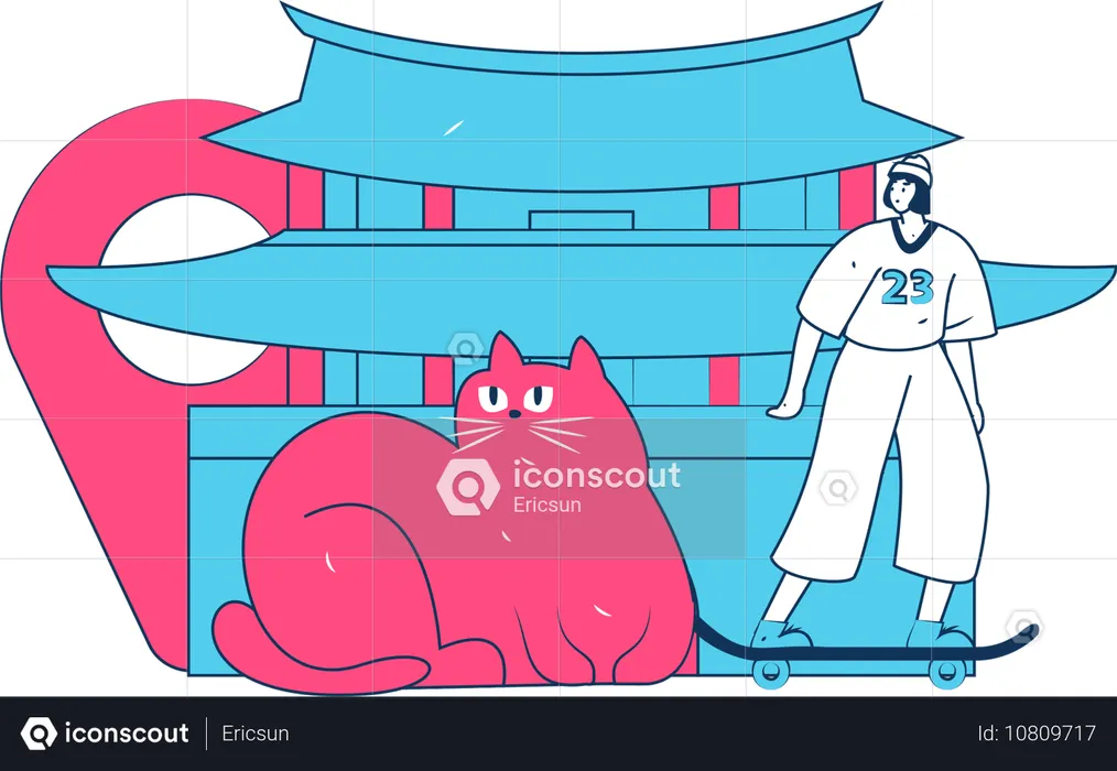 Mulher viajando na China com gato  Ilustração