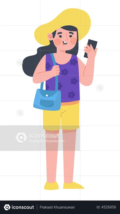 Mulher viajante segurando celular  Ilustração