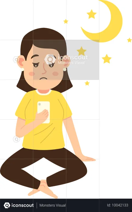 Mulher viciada em celular por noites sem dormir  Ilustração