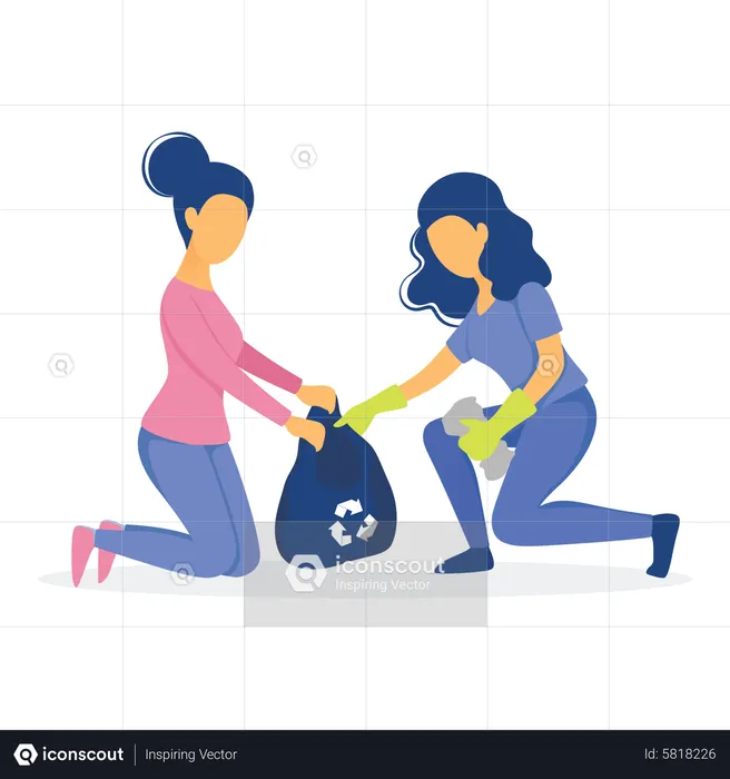 Mulheres coletando lixo em saco  Ilustração