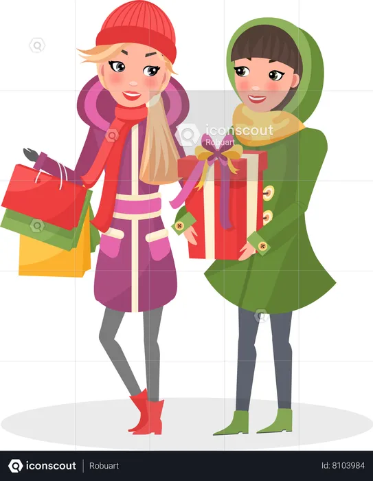 Mulheres com roupas quentes de inverno fazem compras juntas  Ilustração