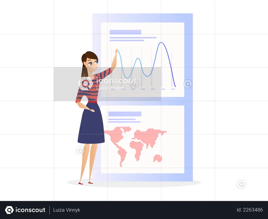 Mulheres de negócios mostrando gráfico de análise de dados globais  Ilustração