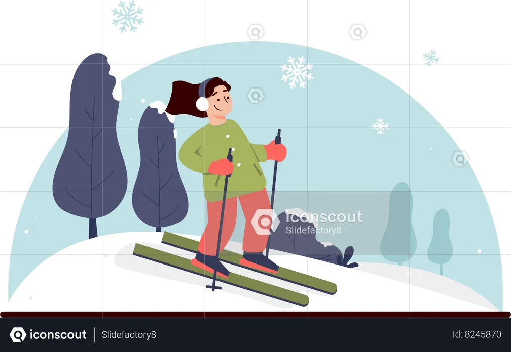 Mulheres esquiando na neve na floresta  Ilustração