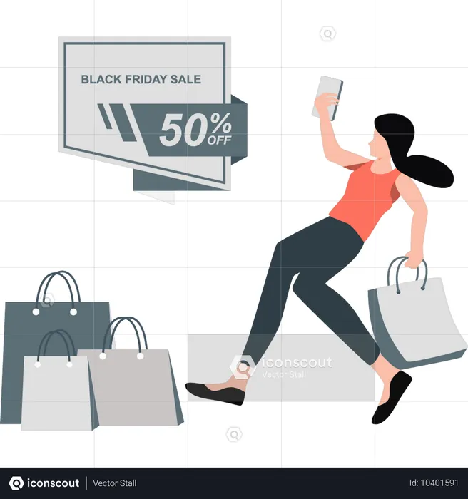 Mulheres fugindo e fazendo compras na liquidação da Black Friday  Ilustração