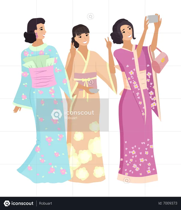 Mulheres japonesas clicando em selfie juntas  Ilustração