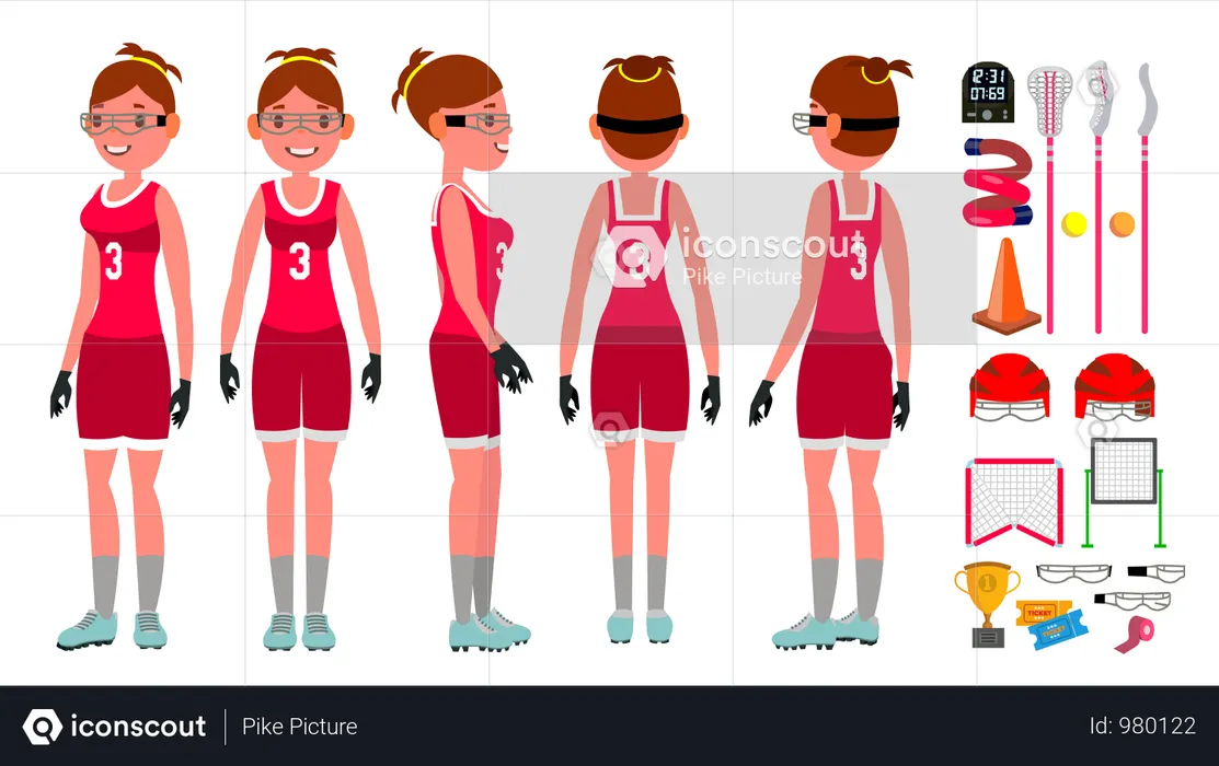 Vetor de lacrosse feminino. Prática de lacrosse. Companheiros de equipe. Jogadora agressiva das mulheres. Ilustração de personagem de desenho animado plano isolado  Illustration