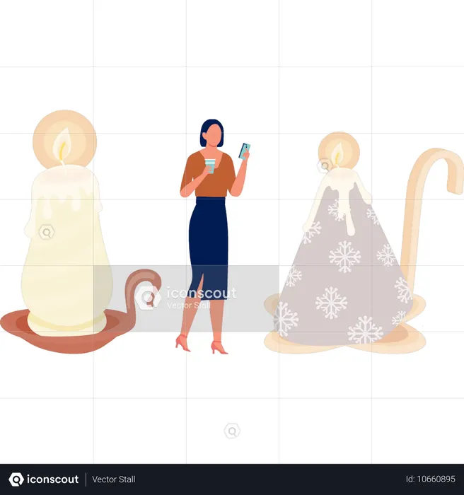 Mulheres segurando bebida olhando para o telefone  Ilustração