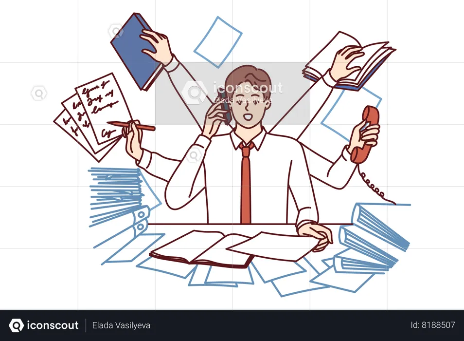 Multi-armed man multitasking with documents and talking on phone sitting in office  Illustration