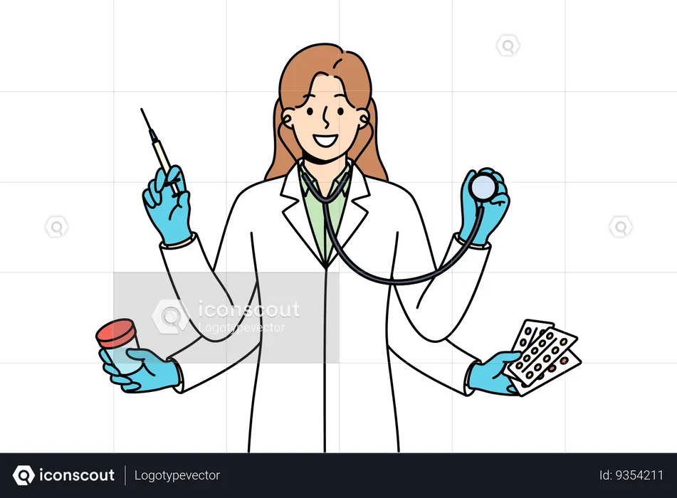 Multi-armed woman doctor ready to simultaneously diagnose and treat patient who comes to clinic  Illustration