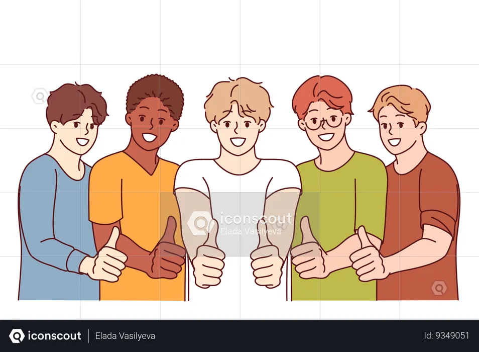 Multiethnic men students show thumbs up as sign confirming absence interracial problems in society  Illustration