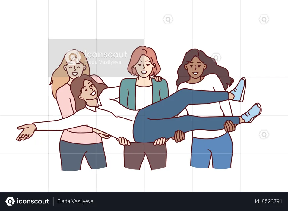 Multiethnic women students raise classmate in arms to congratulate  Illustration