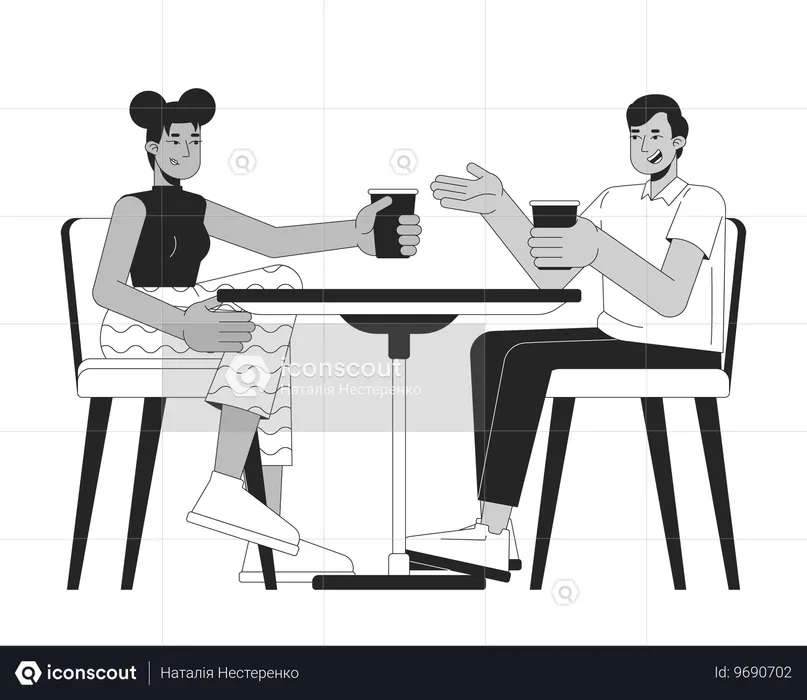 Multiracial friends with drinks at cafe table  Illustration