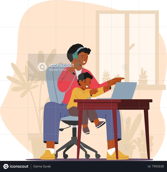 Multitasking Black Mom Character Juggling Business Tasks On Her Laptop While Lovingly Holding Her Child  Illustration