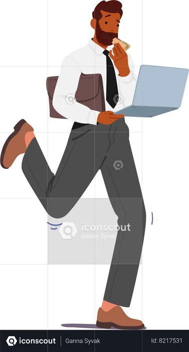Multitasking businessman with laptop In hand dines on the move  Illustration