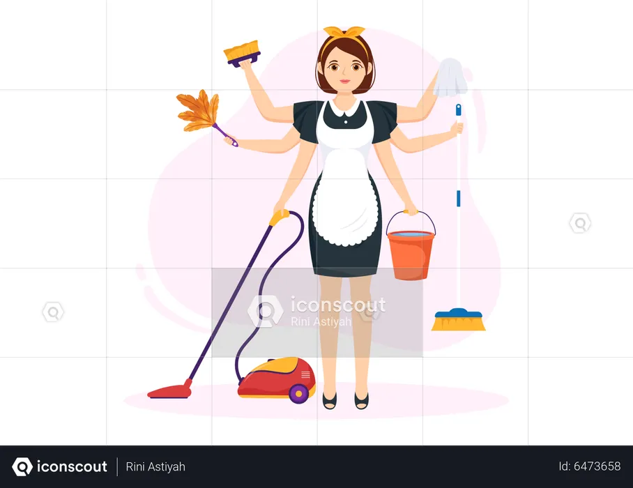 Multitasking female maid  Illustration