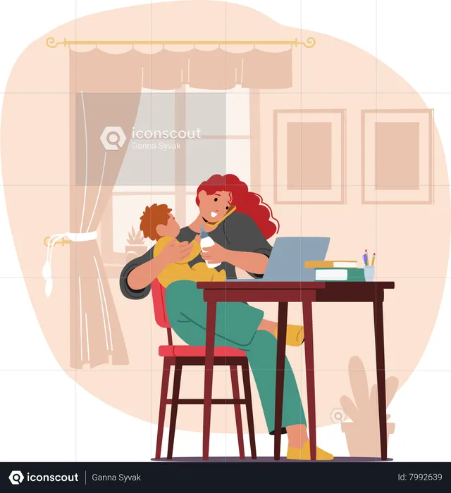 Multitasking Mom Character Juggling Business Tasks On Her Laptop While Nurturing Her Baby With A Milk Bottle  Illustration