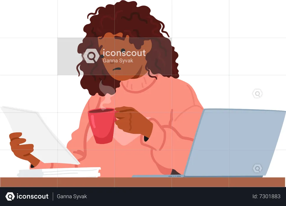 Multitasking Woman Reads Paper And Sips Coffee At Desk  Illustration