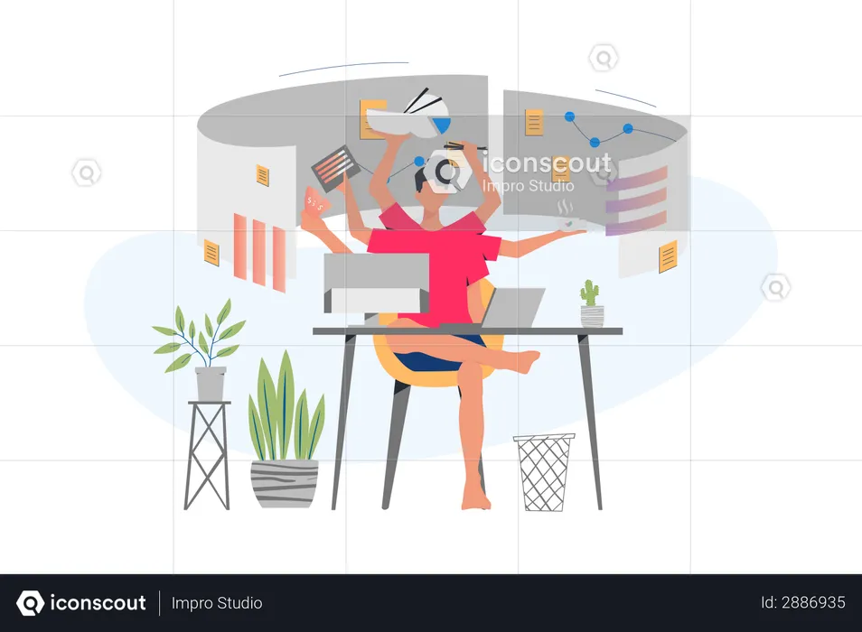 Multitasking woman working from home  Illustration