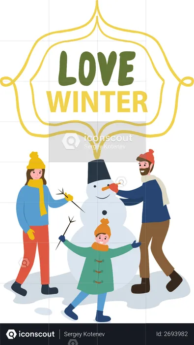 Familia haciendo muñeco de nieve  Ilustración