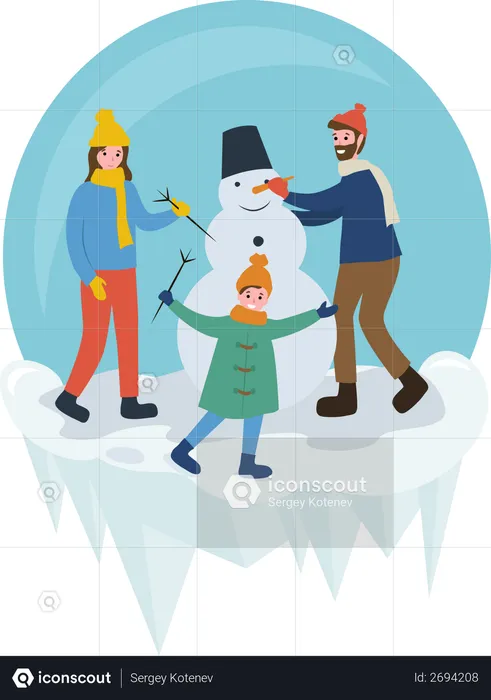 Familia haciendo muñeco de nieve  Ilustración