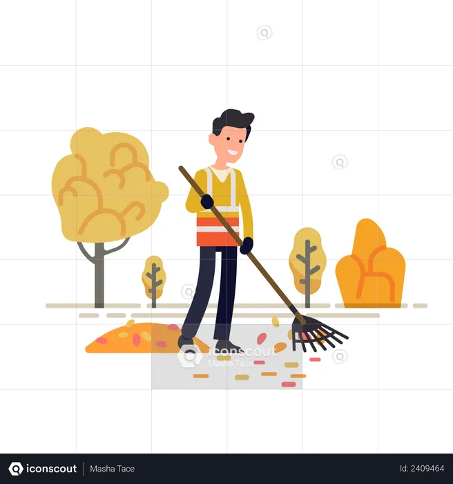 Municipal or city council street sweeper taking care of fallen leaves during fall or autumn season  Illustration