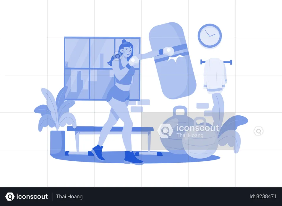Muscular Strong Woman Boxing In The Gym  Illustration