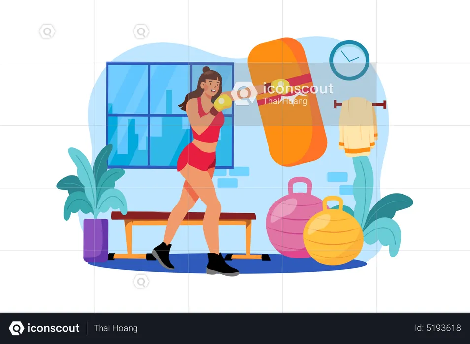 Muscular strong woman boxing in the gym  Illustration