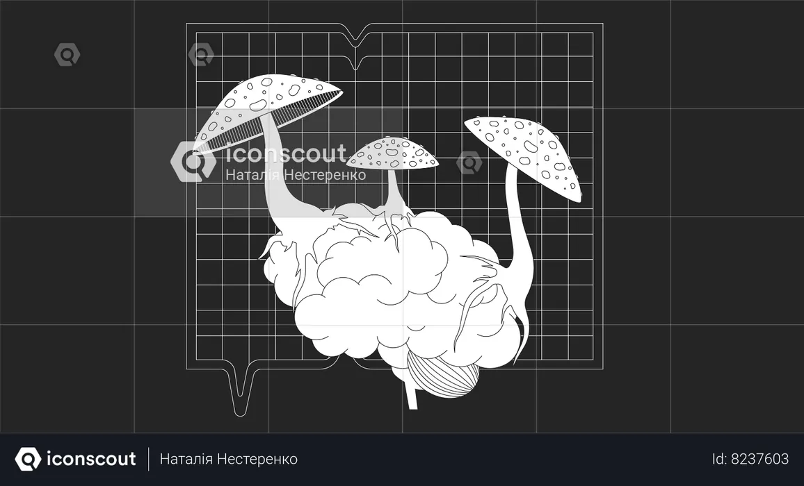 Mushrooms fly agaric growing on brain  Illustration