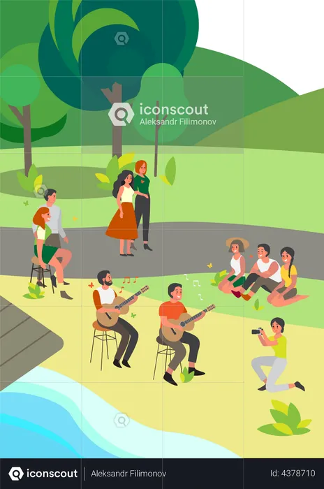 Music band playing guitar in park  Illustration