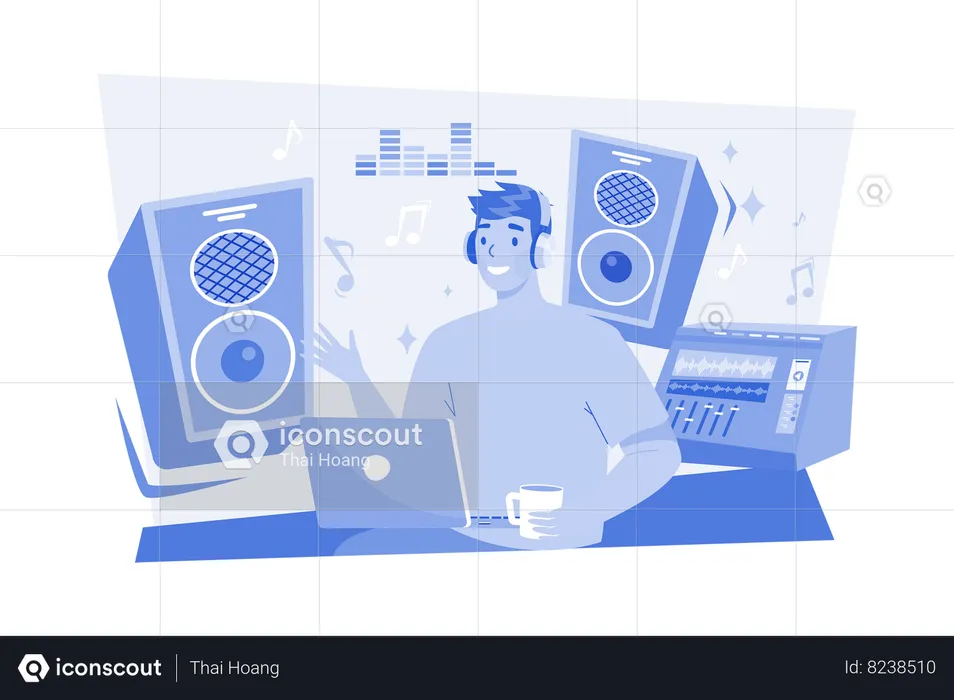 Music composer creating and recording music at the workplace  Illustration