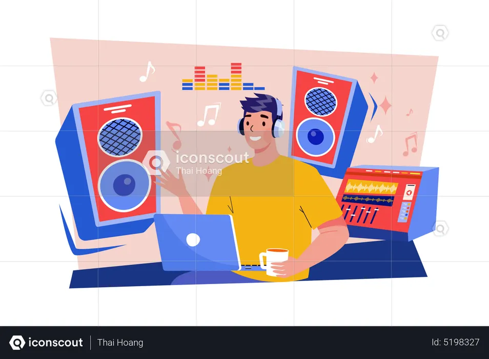 Music composer creating and recording music at the workplace  Illustration