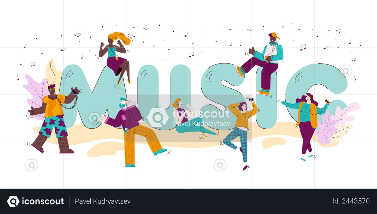 Music letters and people listening music  Illustration