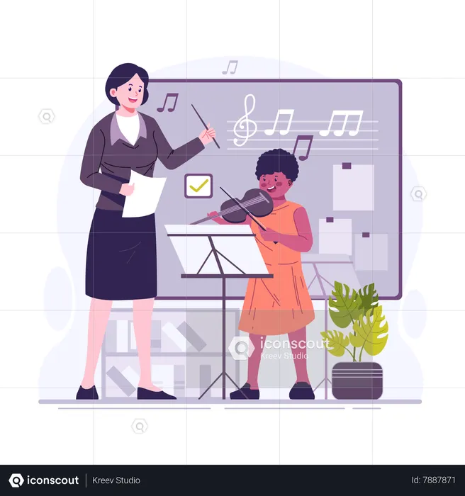 Music teacher teaching piano to student  Illustration