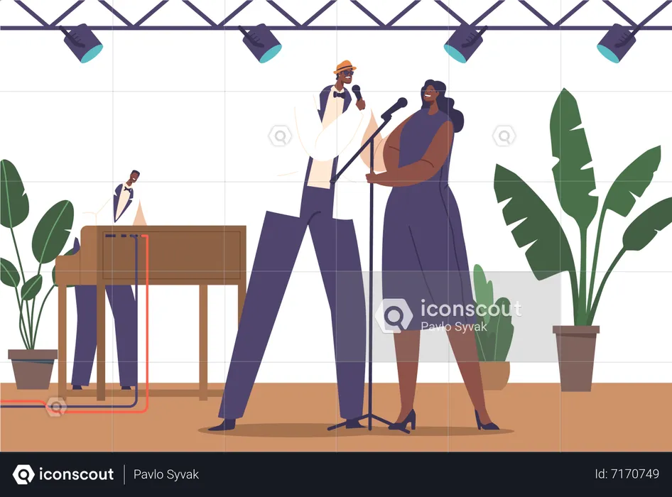Musician and Singer Playing Soul Jazz Music On Stage  Illustration