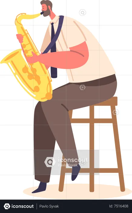 Musician Male Playing Saxophone Sitting on Chair  Illustration