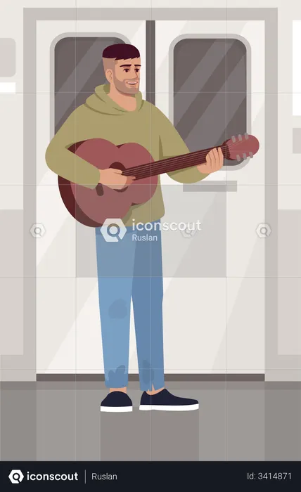 Musician playing guitar in train  Illustration