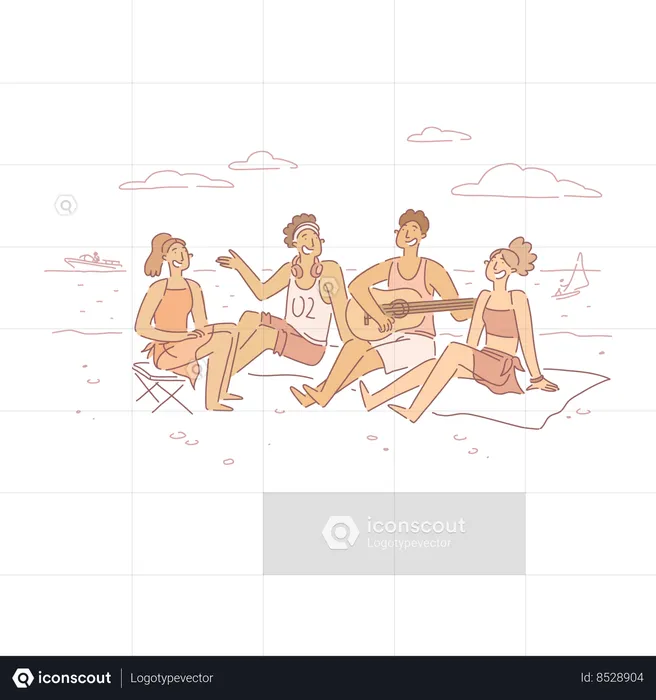 Musician Playing Guitar Sitting On Sand  Illustration