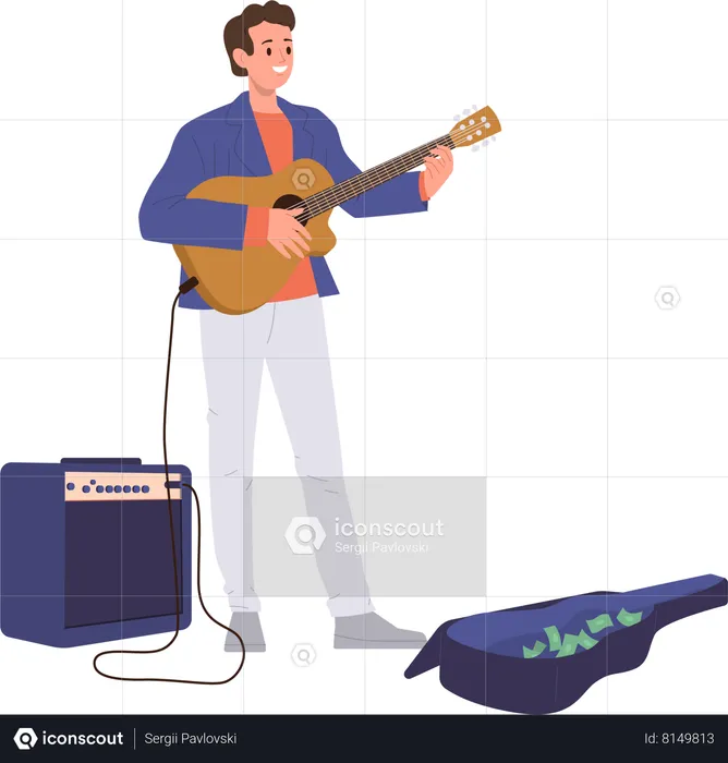 Musician street artist playing guitar and singing song  Illustration