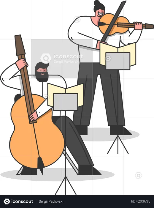 Musicians Play Contrabass And Violin  Illustration