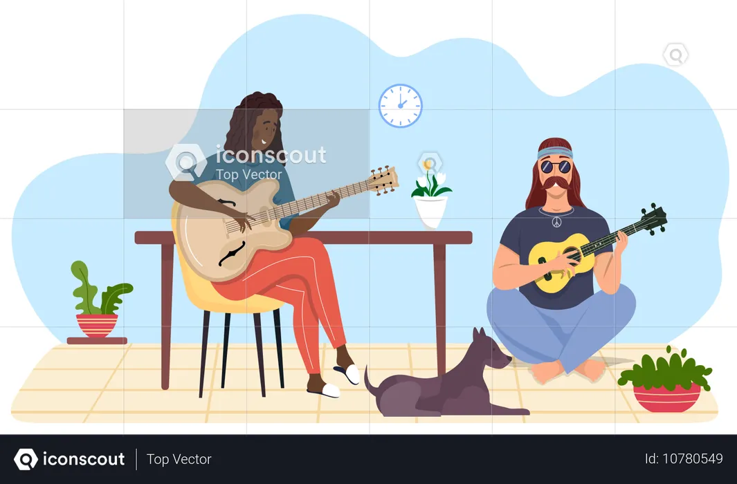 Musiker spielen zusammen Gitarre  Illustration